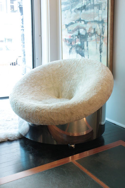Pair of Round Chrome Lounge Chairs with Fur Attributed to Milo Baughman