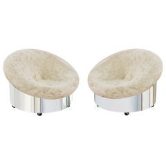 Pair of Round Chrome Lounge Chairs with Fur Attributed to Milo Baughman