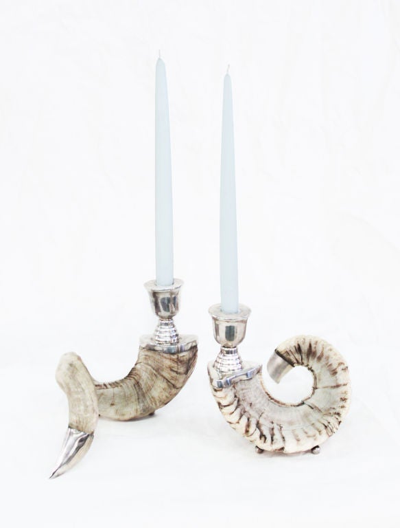 Pair of horn candle holders mounted on silver bases, American 1970's