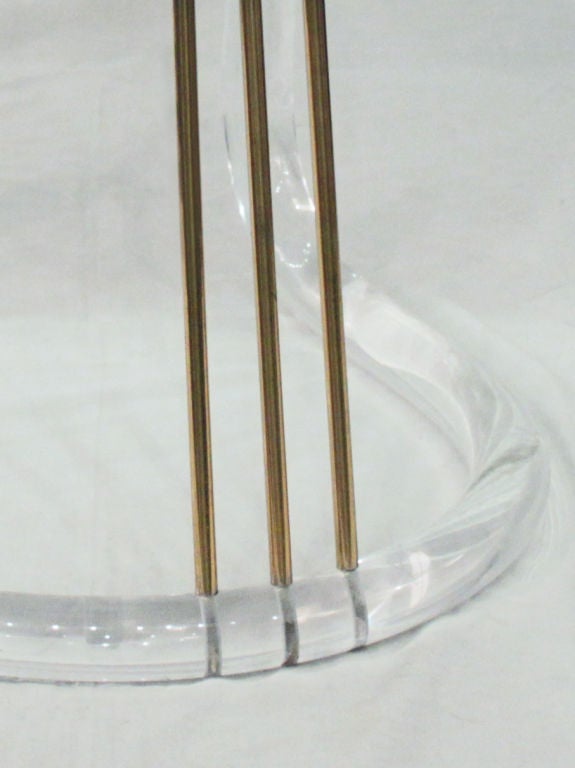 Set of 3 swiveling bar stools with tubular lucite bases and upholstered seats by Lion in Frost, American 1970's