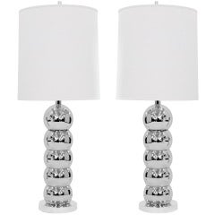 Pair of Stacked Chrome Sphere Table Lamps