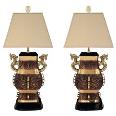 Pair of Impressive Bronze Chinese Urn Table Lamps