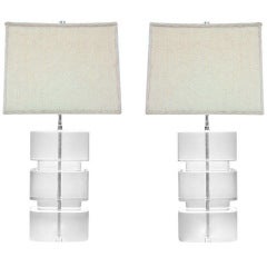 Stunning Pair of Large Lucite Block Table Lamps by Karl Springer