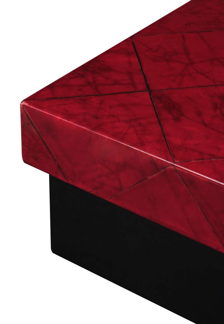 Box with cover, top in diamond pattern lacquered goatskin and interior lined in red suede, by Karl Springer, American, 1980s.