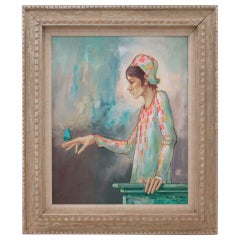 Vintage "Le Papillon Bleu" Oil on Canvas by Clement