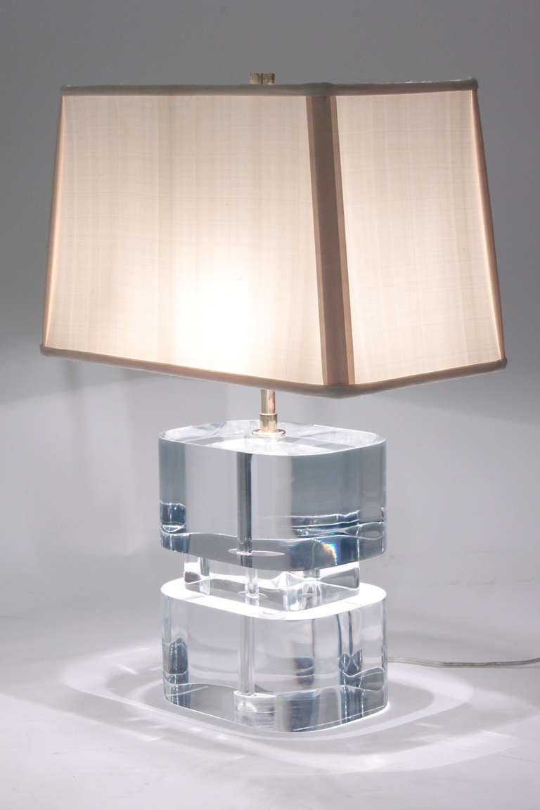 Late 20th Century Pair of Exceptional Thick Lucite Block Table Lamps by Karl Springer