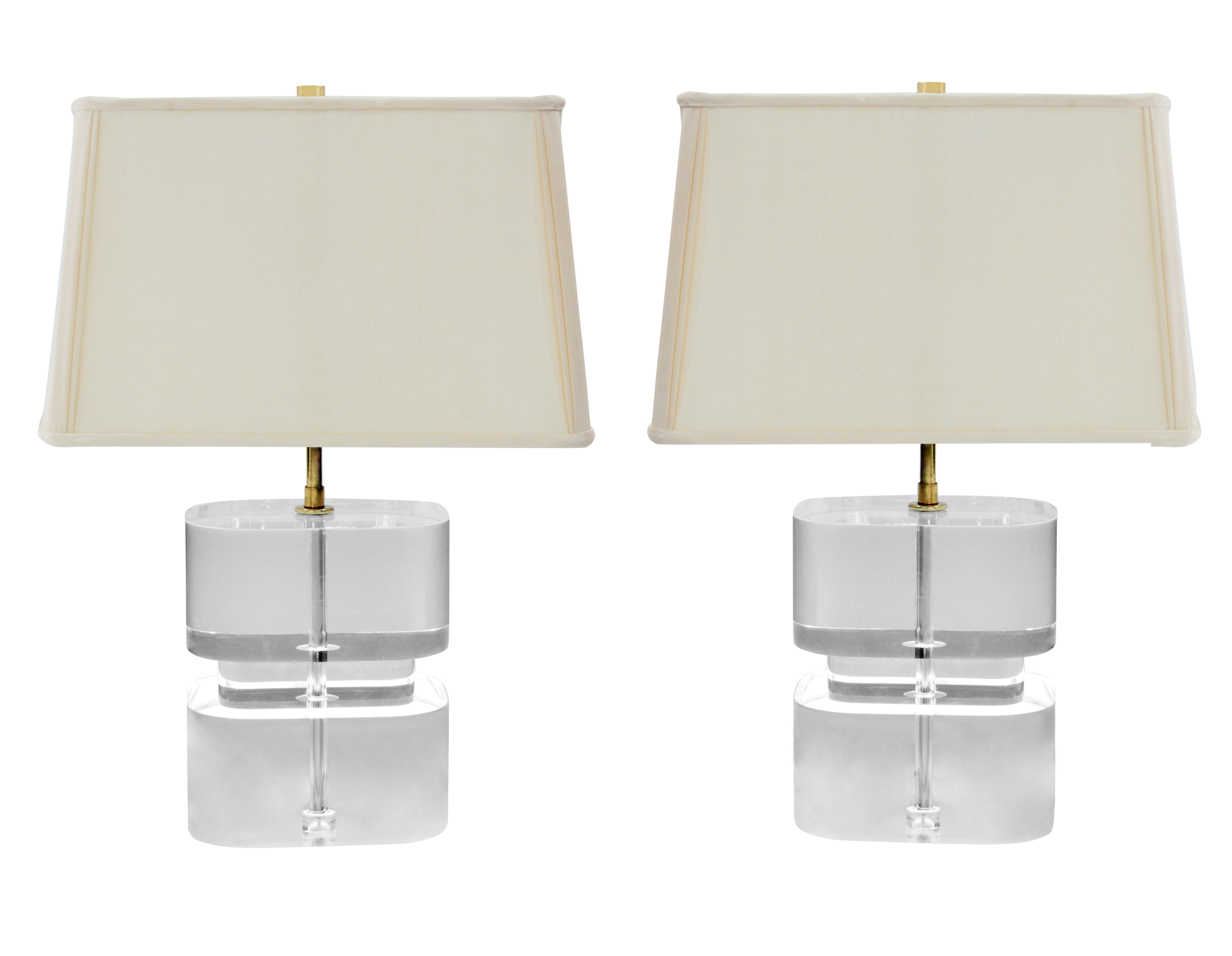 Pair of Exceptional Thick Lucite Block Table Lamps by Karl Springer