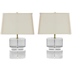 Pair of Exceptional Thick Lucite Block Table Lamps by Karl Springer