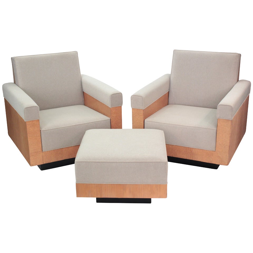 Pair of Club Chairs in French Ash with Matching Ottoman