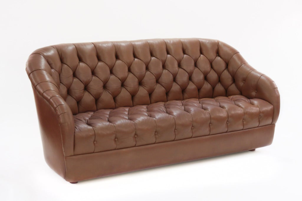 Button Tufted Leather Sofa by Ward Bennett