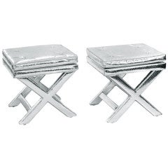 Pair of X Benches in Metallic Silver Ostrich Leather