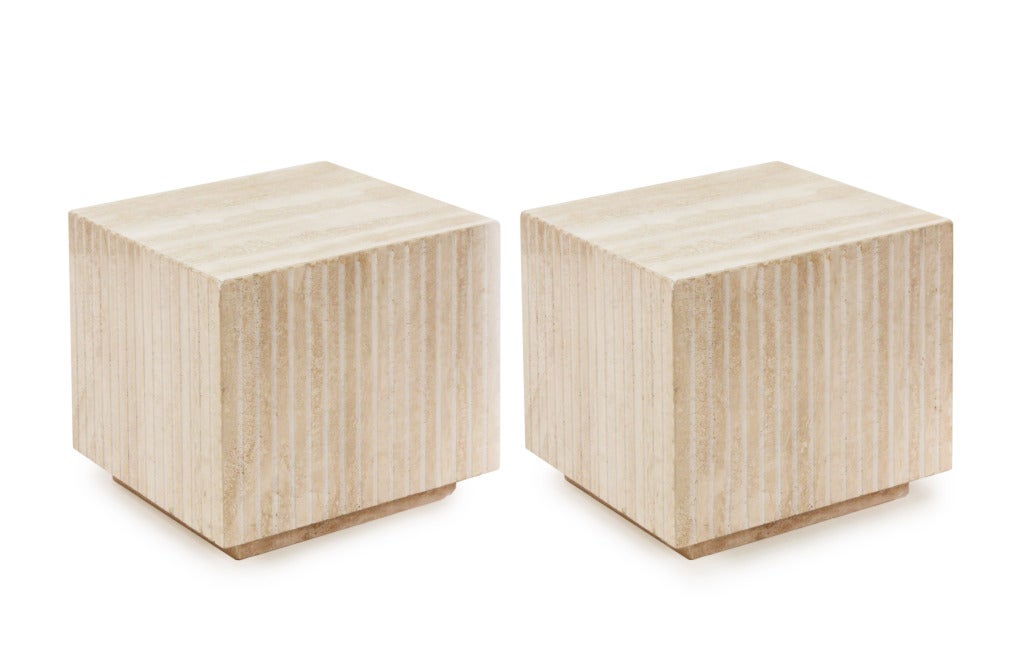 Pair of channeled travertine cube tables, American 1970's<br />
These would work as coffee tables or end tables