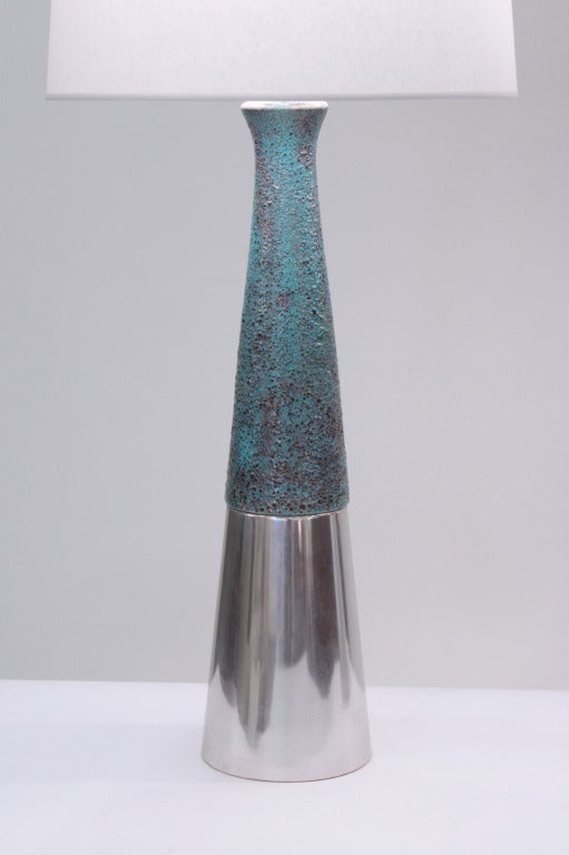Pair of Large Ceramic Table Lamps with Aluminum Bases