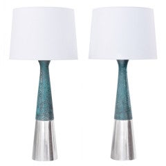 Pair of Large Ceramic Table Lamps with Aluminum Bases