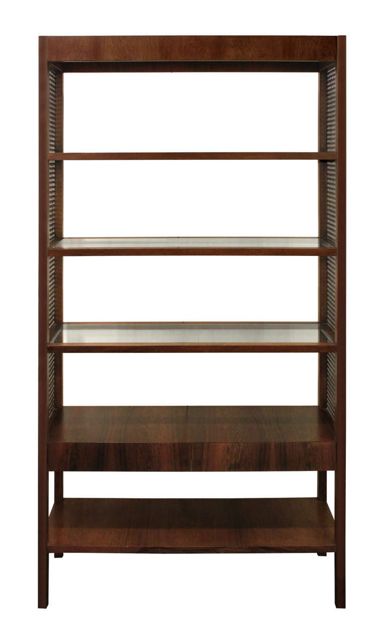Etagere/bookcase in Brazilian rosewood with caned sides, 2 felt lined drawers, inset glass shelves, and light at top, American 1960's.