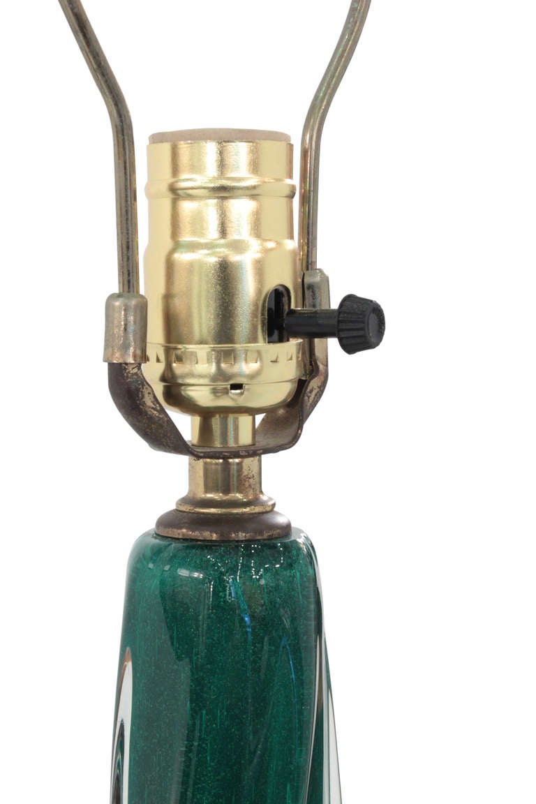 Pair of large table lamps in hand-blown emerald green glass encased in clear glass by Seguso, Murano Italy, 1950's