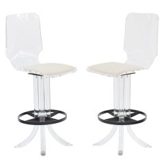Pair of Swiveling Lucite Barstools with Crocodile Seats