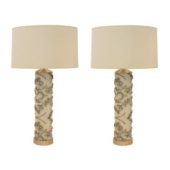 Vintage Pair of Large Ivory Wallpaper Roll Table Lamps
