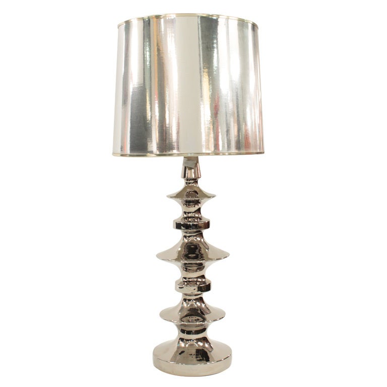 Large Sculptural Table Lamp in Nickel with Matching Shade 1970s For Sale