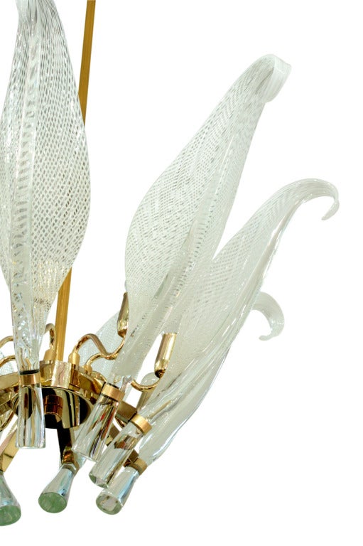 Elegant chandelier with 8 hand-blown latticino glass leaves and gold-plated hardware by Franco Luce, Murano Italy, 1970's
