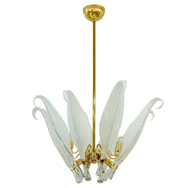 Elegant Chandelier with Hand--Blown Latticino Glass Leaves by Franco Luce
