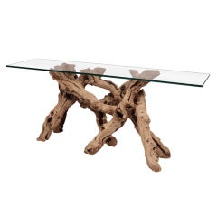 Sculptural Console Table in Driftwood with Glass Top