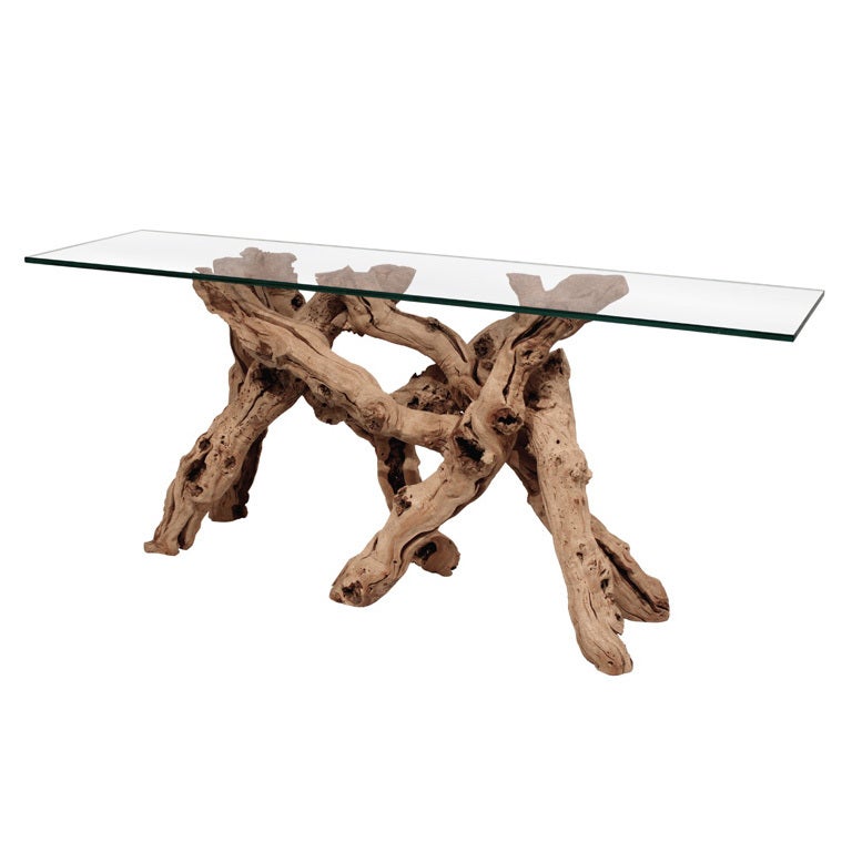 Sculptural Console Table in Driftwood with Glass Top