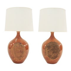 Pair of Hand-Throw Ceramic Table Lamps with Volcanic Glaze