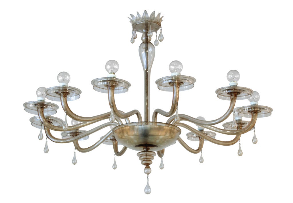 Large and exceptional 12 arm hand-blown amber glass chandelier by Venini, Murano Italy, 1930's