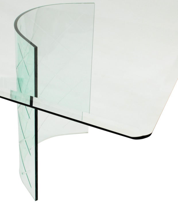 Dining table with curved glass bases with etched criss cross design and beveled glass top, American, 1950s.