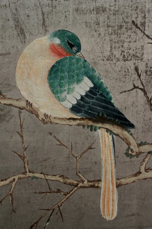 Exceptional Hand-Painted 6-Panel Screen with Silver Leaf