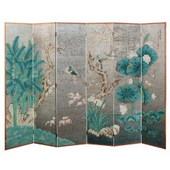 Exceptional Hand-Painted 6-Panel Screen with Silver Leaf