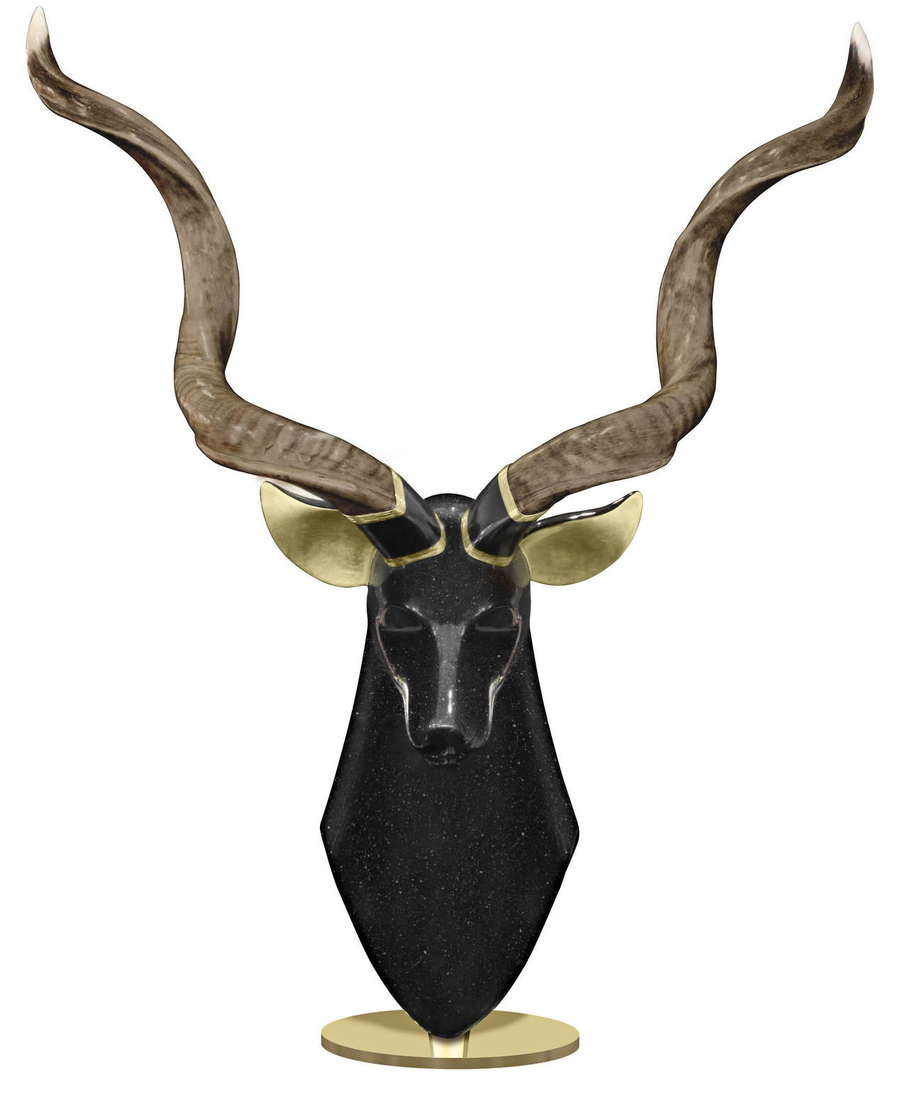 Large and impressive stag sculpture, head in iridescent gunmetal faux granite nitrocellulose lacquer over a fiberglass casting with solid brass base and authentic horns, by Roberto Estevez for Karl Springer, American, 1980s.

Roberto Estevez was