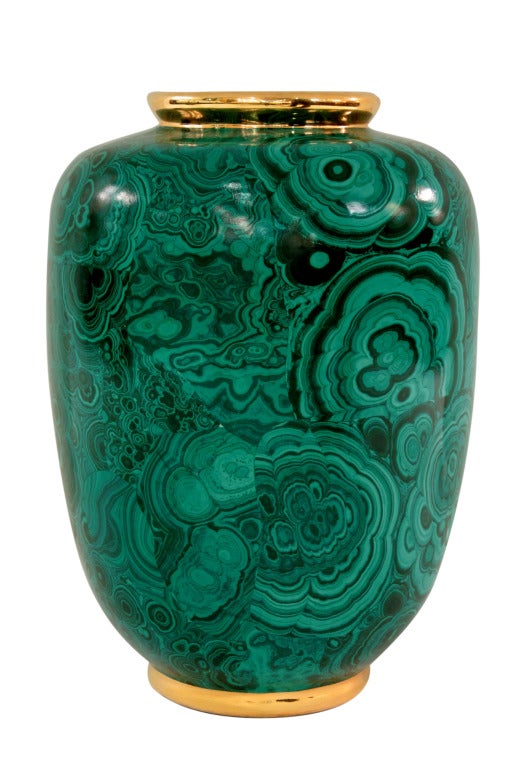 Large porcelain vase with malachite motif and gold decoration at top and bottom by Manifattura Artistica Le Porcellane, Italy 1970's (marked 