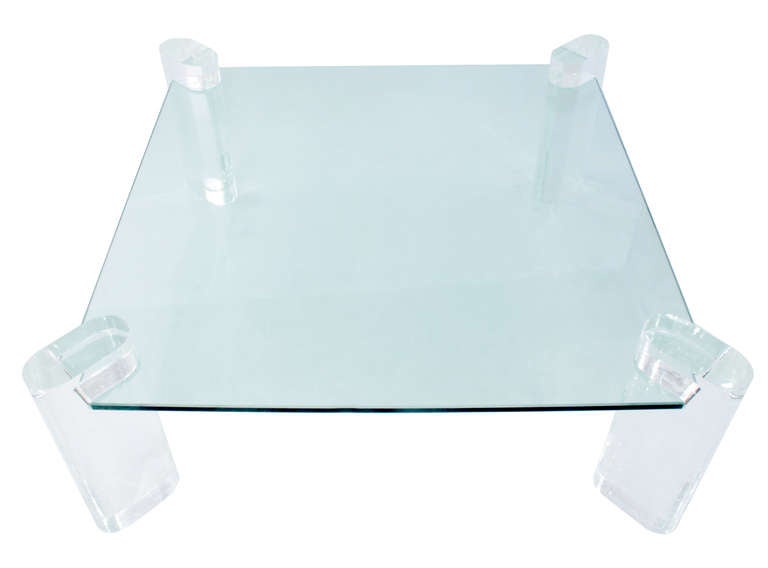 Lucite leg coffee table with thick glass top by Karl Springer, American, 1980s (signed on leg 