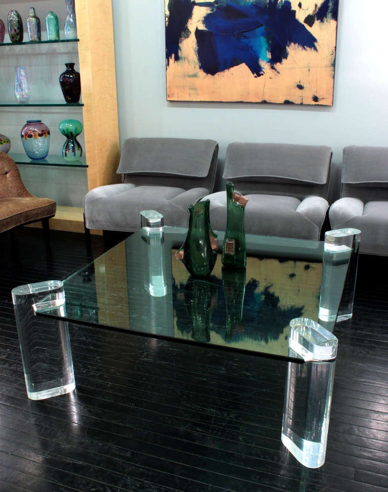 Thick Lucite Leg Coffee Table with Glass Top by Karl Springer 1