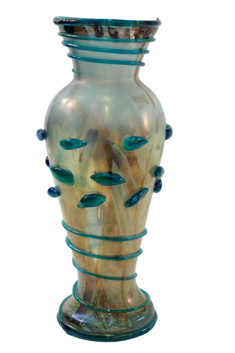 Large handblown glass vase, irridized with internal and external decoration, by A.V.E.M. (Arte Vetraria Muranese), Murano Italy, 1960's.