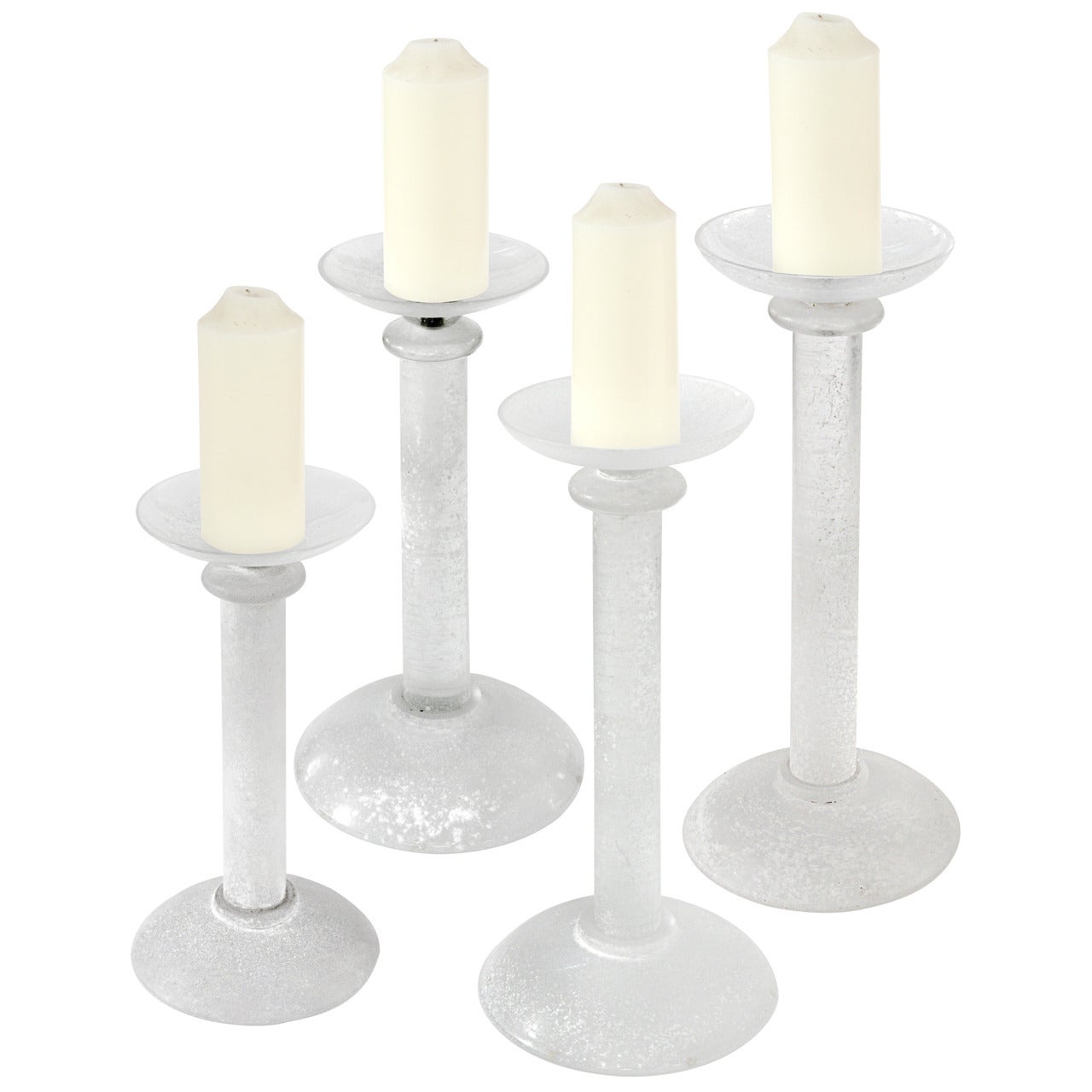 Set of Four Candleholders in White Glass with Scavo Finish by Karl Springer