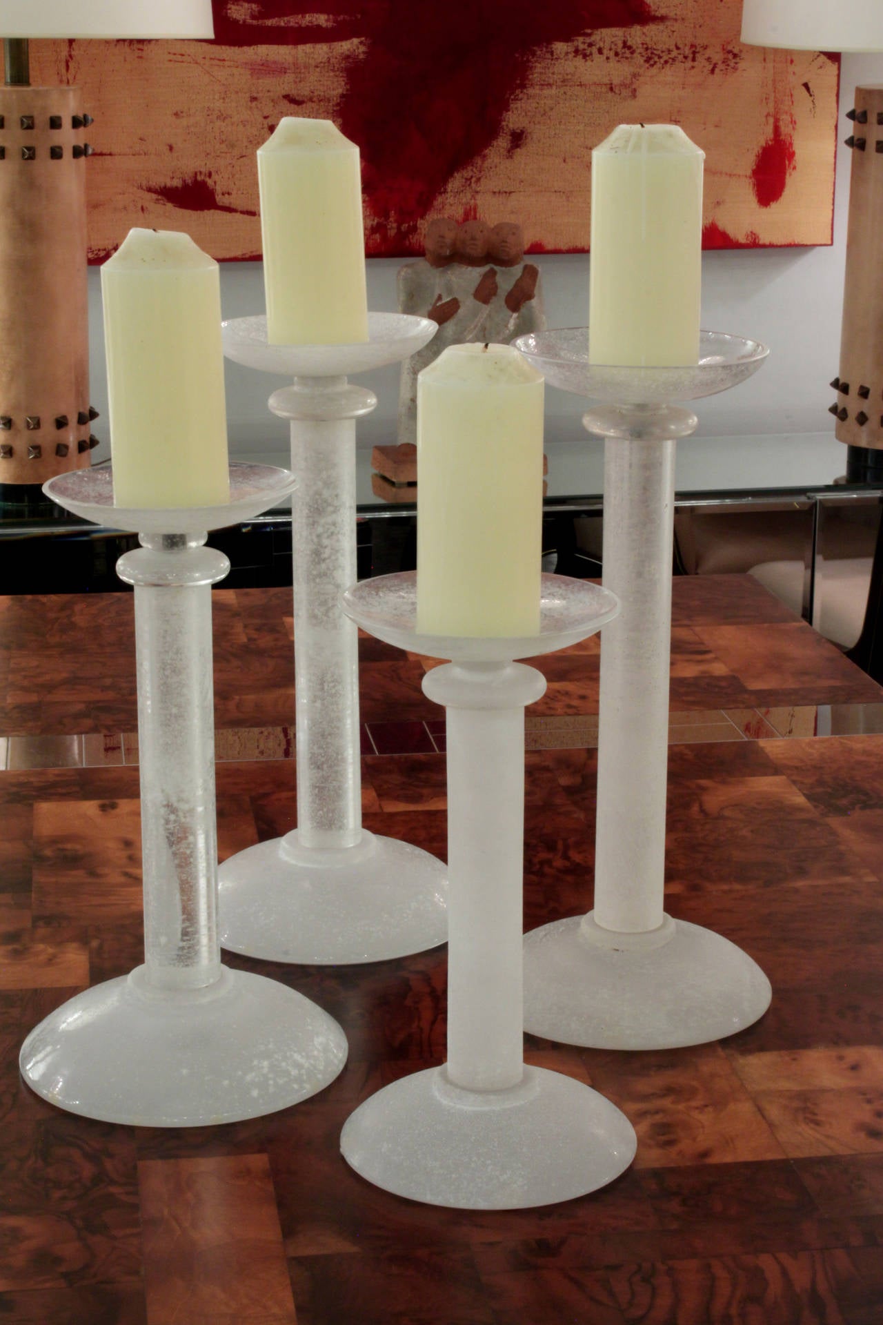 Set of Four Candleholders in White Glass with Scavo Finish by Karl Springer 2