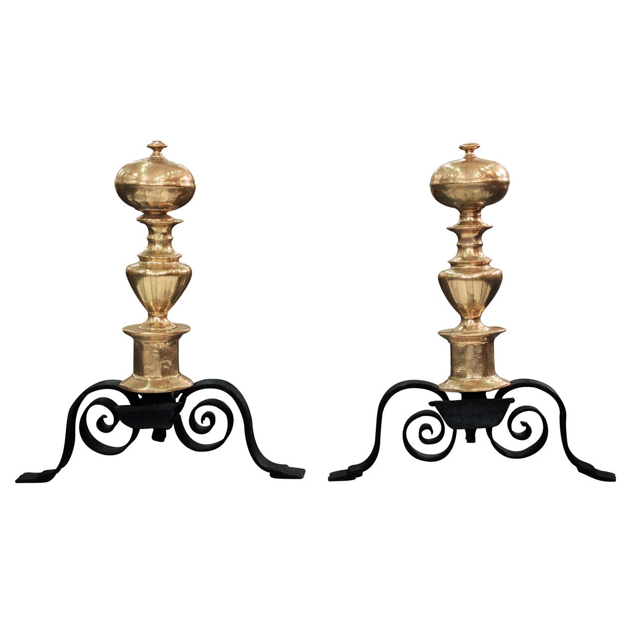 Pair of Large Andirons in Polished Brass