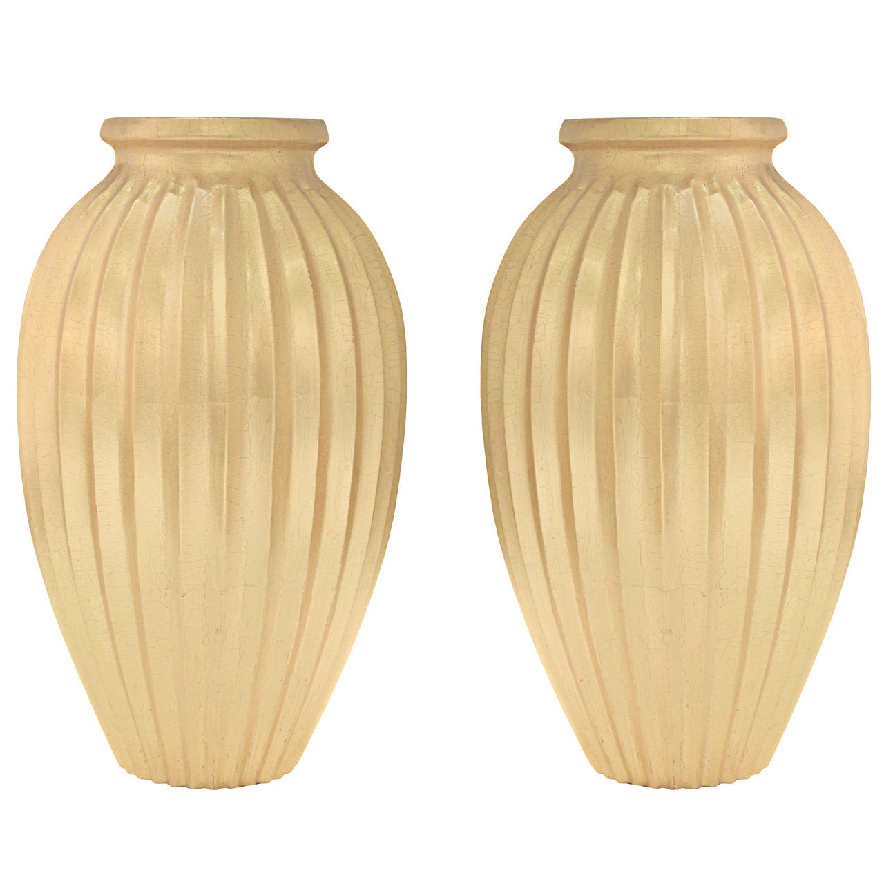 Pair of Large Fluted Vases with Light Venetian Gold Leaf by Karl Springer
