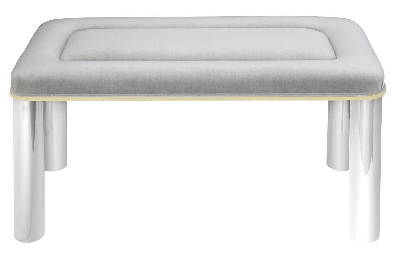 Bench with round steel legs and brass trim and upholstered seat by Karl Springer, American, 1980's
Newly upholstered in light gray velvet by Lobel Modern