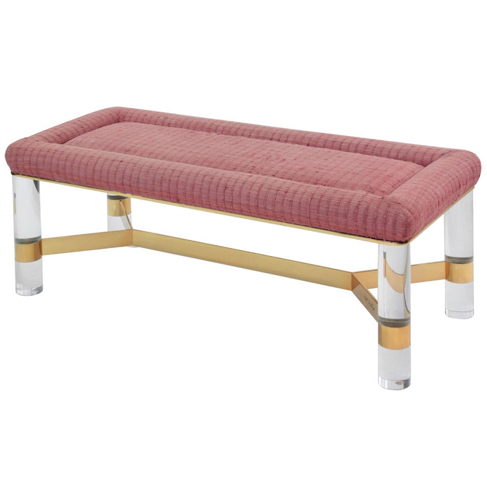 Large "Round Leg Lucite Bench" with Brass Stretchers by Karl Springer