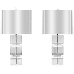 Pair of Stunning Lucite and Stainless Steel Lamps by Karl Springer