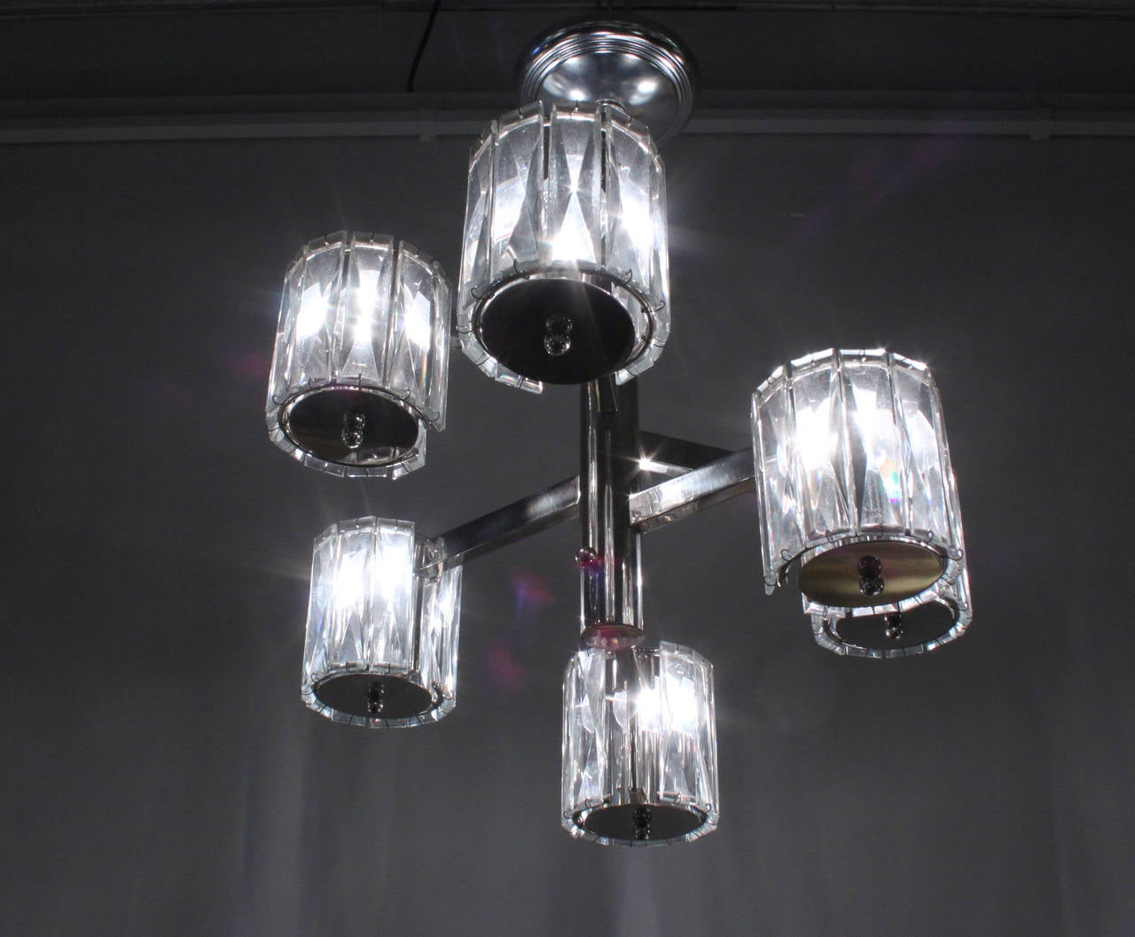 Austrian Chandelier in Chrome with Six Arms and Cut Crystals by Lobmeyr
