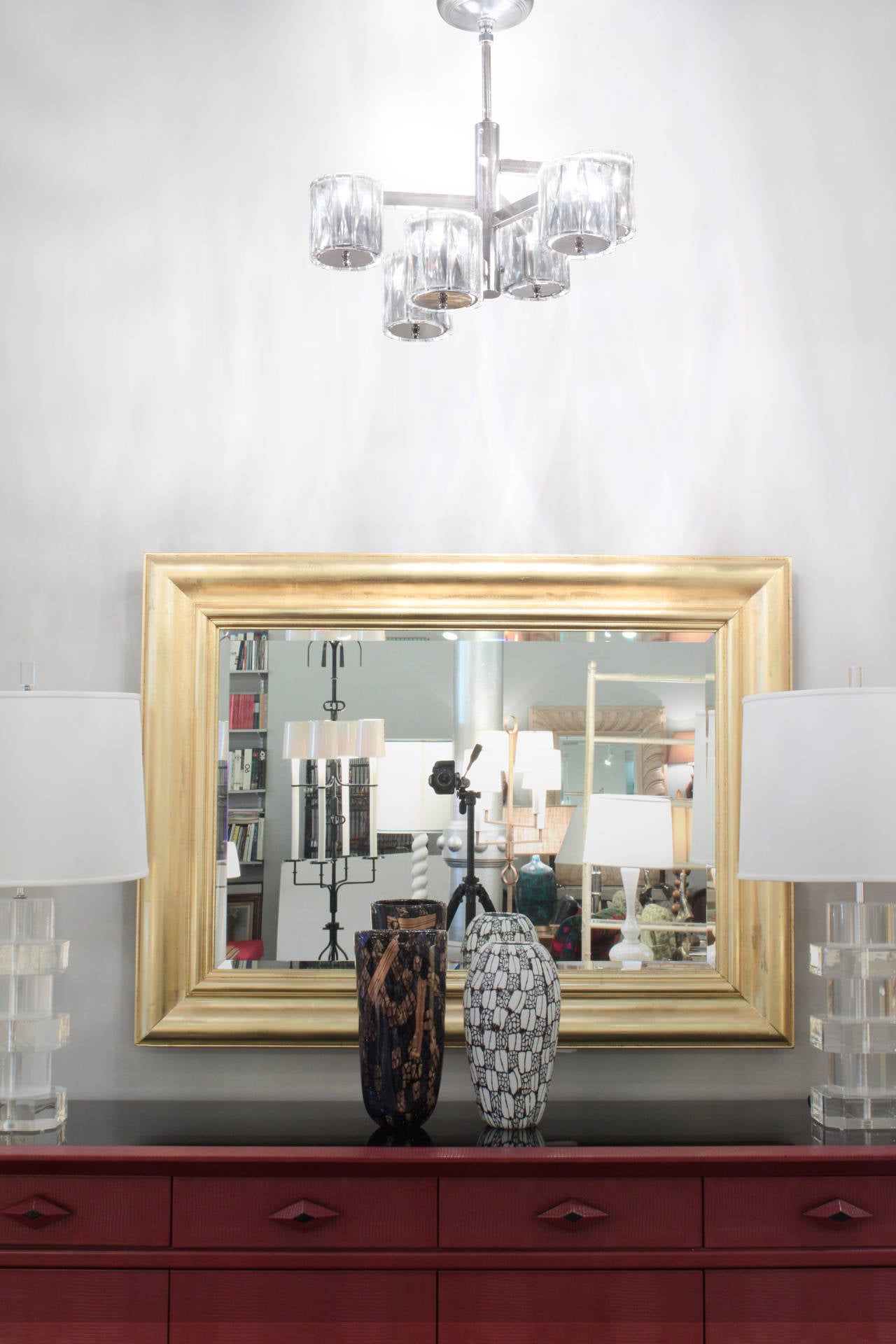 Mid-20th Century Chandelier in Chrome with Six Arms and Cut Crystals by Lobmeyr