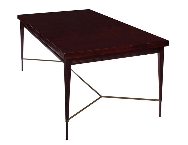 Mahogany Dining Table with Sculptural Bronze Stretchers by Paul McCobb