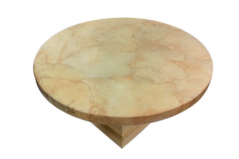 Round table with top covered in lacquered goatskin designed by Karl Springer, American, 1977 (original label on bottom reads 