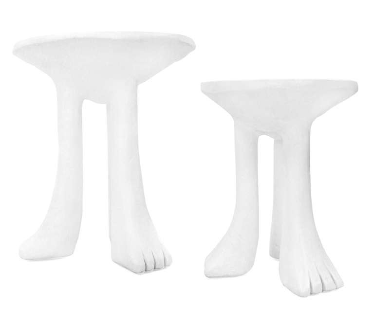 Pair of three legged tables, models 101-A and 101-B, in plaster by John Dickinson, American, circa 1980 (both signed on bottom of feet, 