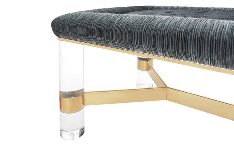 Large "Round Leg Lucite Bench" with Brass Stretchers by Karl Springer